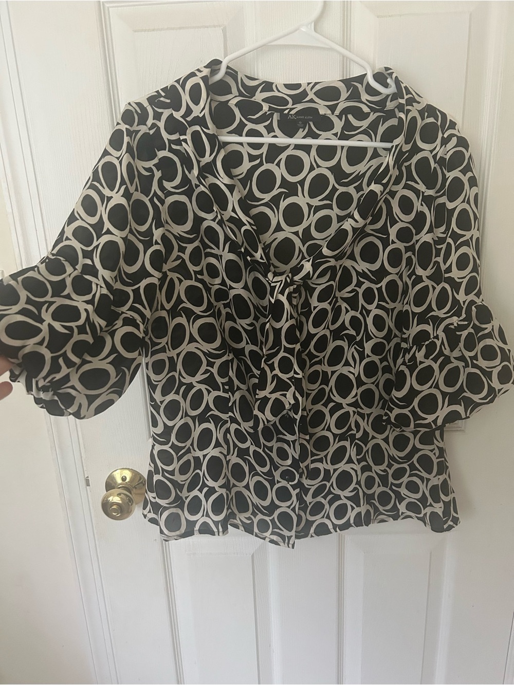 Anne Klein Black and White Circle-Print Tie-Neck Blouse